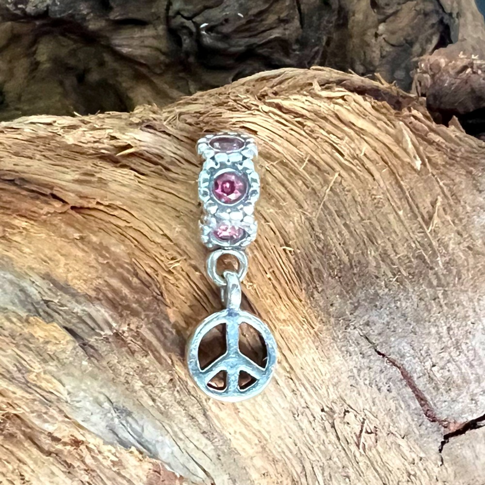 HTF Authentic Pandora Charm Peace Dangle Silver Symbol Salmon Zirconia Hippie